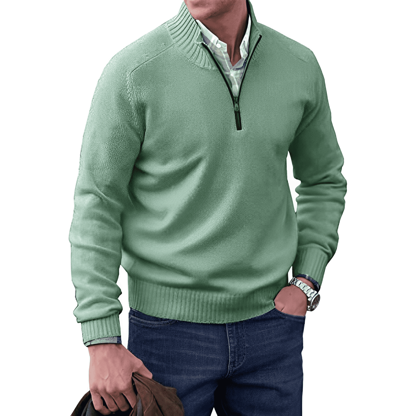 Men's Jumper - Quarter-Zip with Ribbed Cuffs