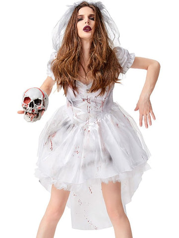 Women's Bride Halloween Costume Mini Dress - Zombie Bloody  with Veil