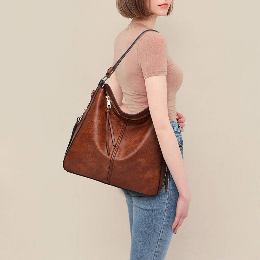 Women's Leather Shoulder Bag - Top Handle & Zip Closure