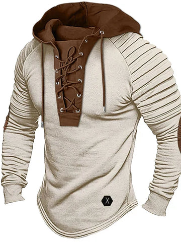 Men's White Hoodie – Lace-Up Neckline with Ruched Sleeves