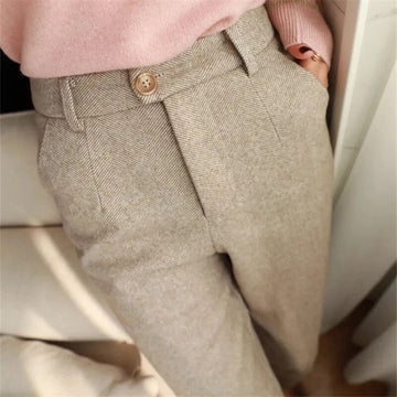 Women's High Waisted Work Trousers - Herringbone Tapered Fit