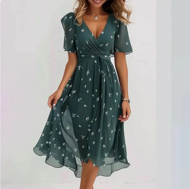 Women's V-Neck Midi Wrap Dress - Elegant Floral Formal Casual