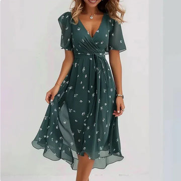 Women's V-Neck Midi Wrap Dress - Elegant Floral Formal Casual
