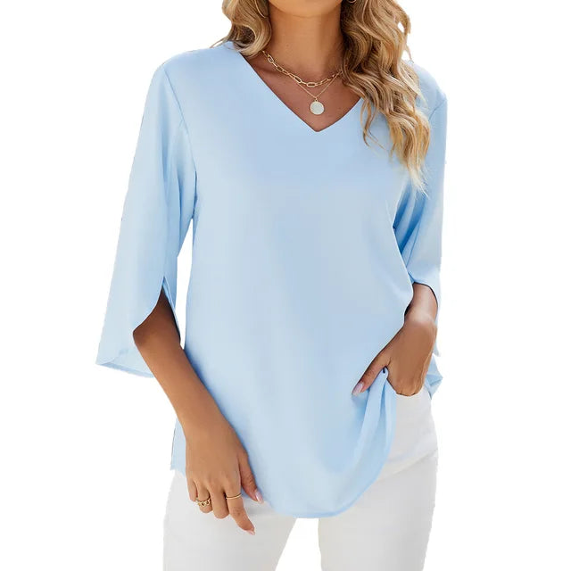 Women's 3/4 Sleeve V-Neck Blouse - Comfortable Summer Top