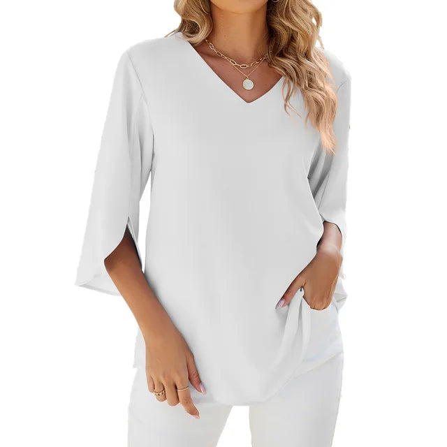 Women's 3/4 Sleeve V-Neck Blouse - Comfortable Summer Top