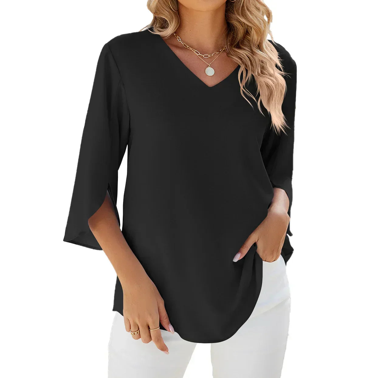 Women's 3/4 Sleeve V-Neck Blouse - Comfortable Summer Top