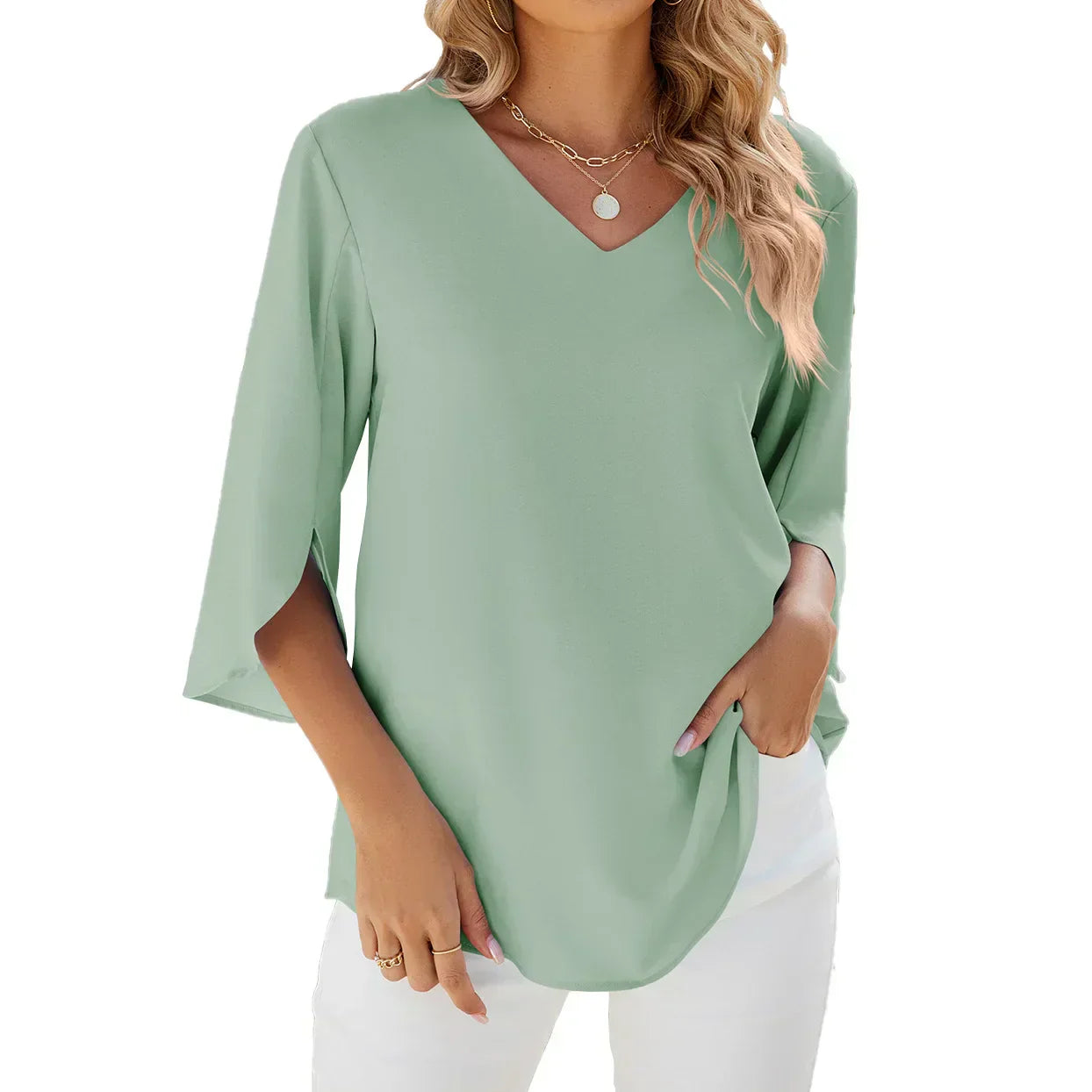 Women's 3/4 Sleeve V-Neck Blouse - Comfortable Summer Top