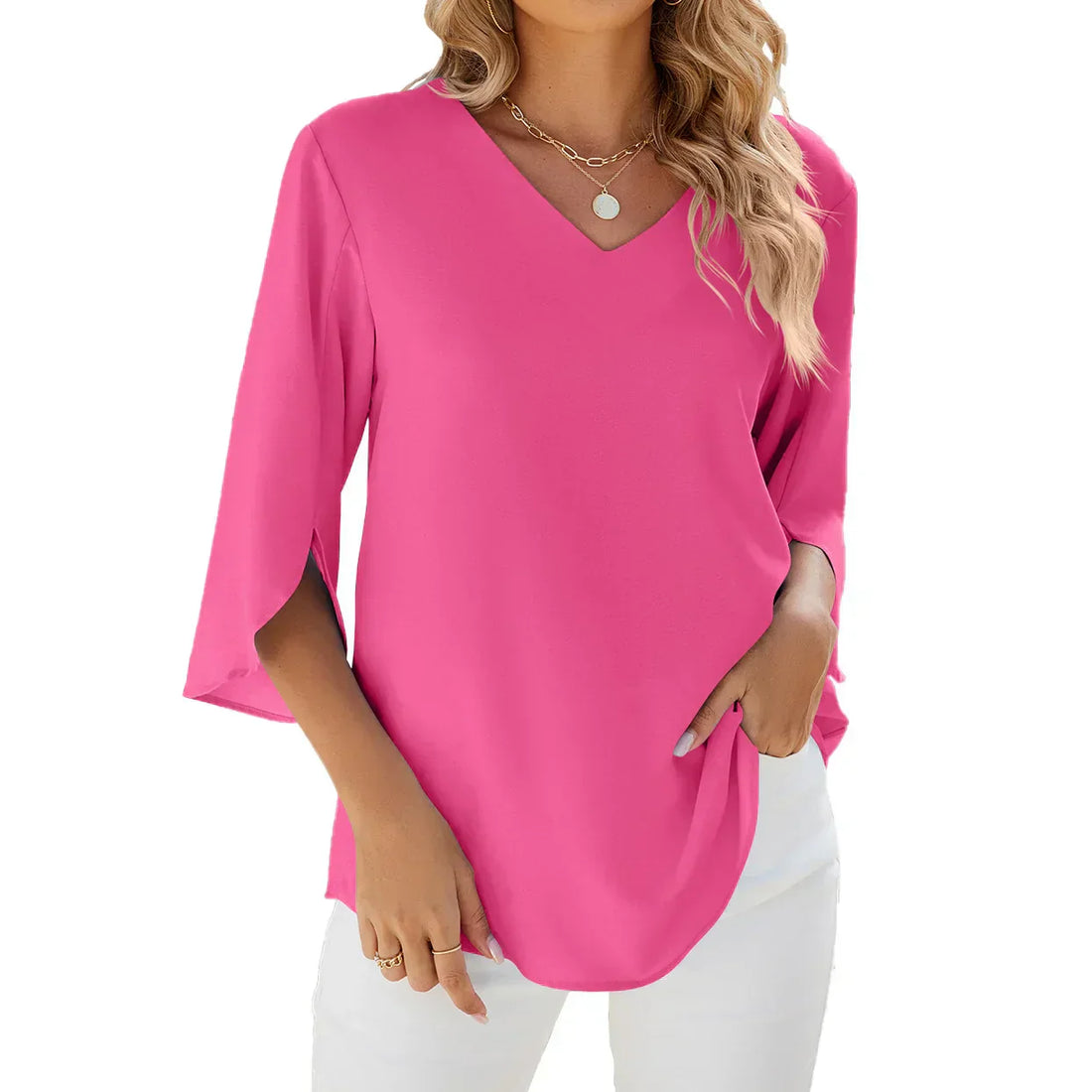 Women's 3/4 Sleeve V-Neck Blouse - Comfortable Summer Top