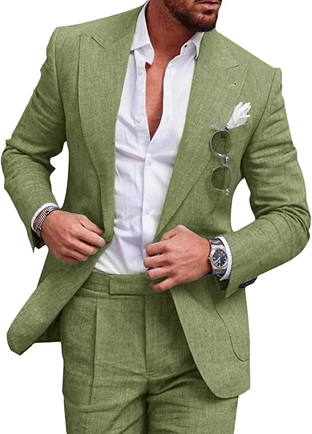Slim fit light blue linen wedding suit for men, perfect for summer ceremonies.
