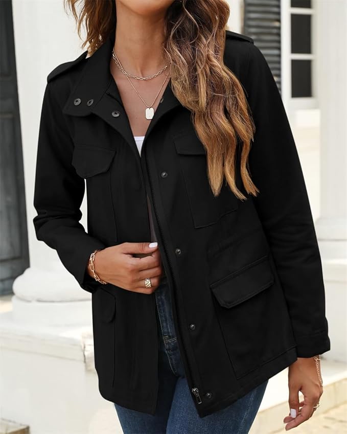 Women's Utility Jacket - Multi-Pocket with Stand Collar