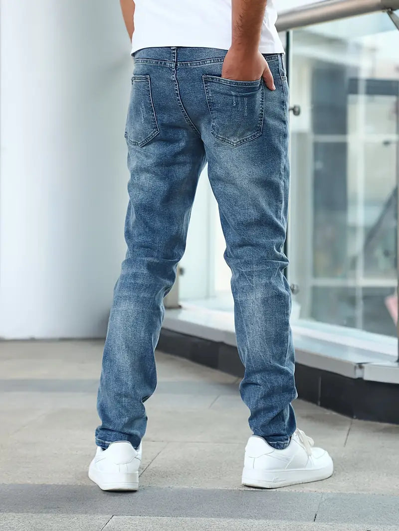 Men's Distressed Jeans - Slim Fit with Button Fly