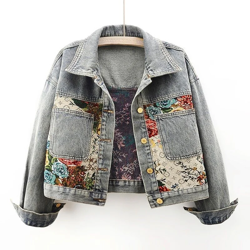 Women's Floral Denim Jacket - Vintage Look Hand-Painted Organic