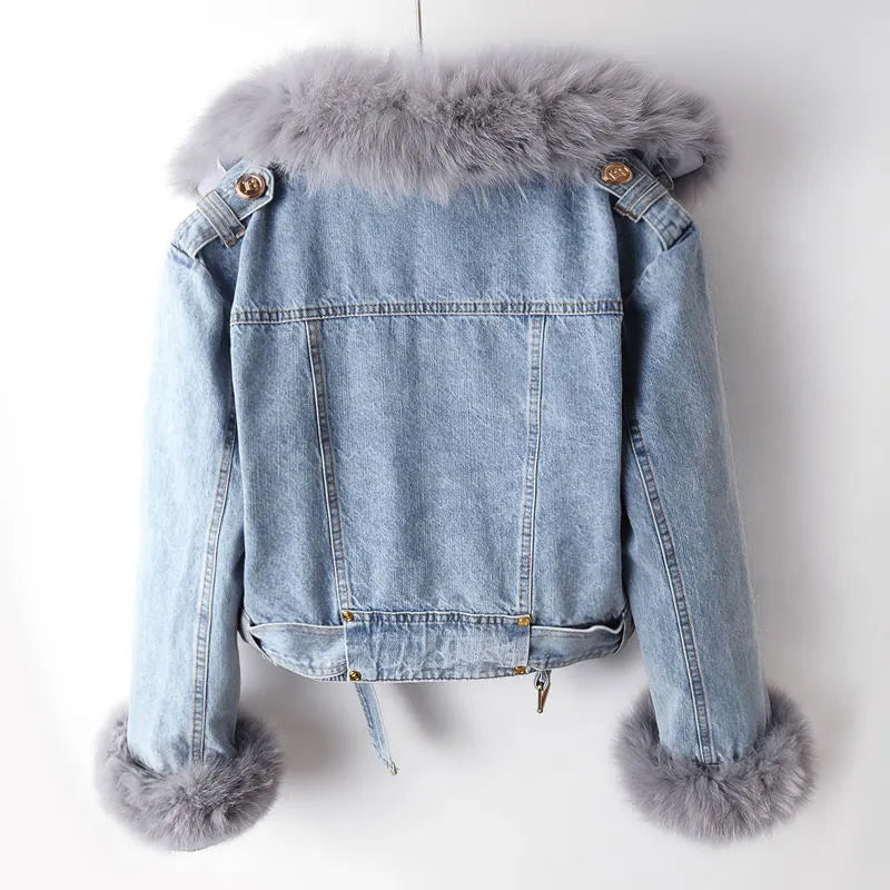 Women's Blue Denim Jacket - Faux Fur Collar & Cuffs Winter