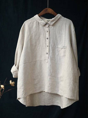 Relaxed Fit Linen Blouse with Chest Pocket for Women