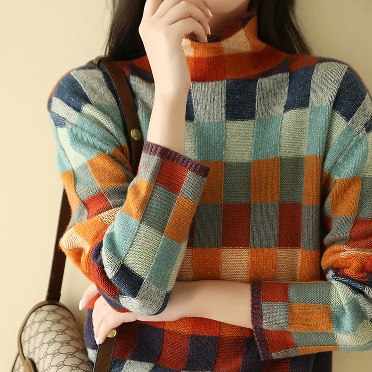 Women’s Multicoloured Jumper - Crew Neck and Checked Pattern