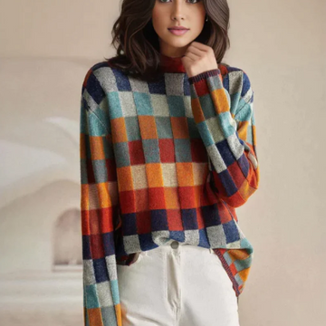 Women’s Multicoloured Jumper - Crew Neck and Checked Pattern