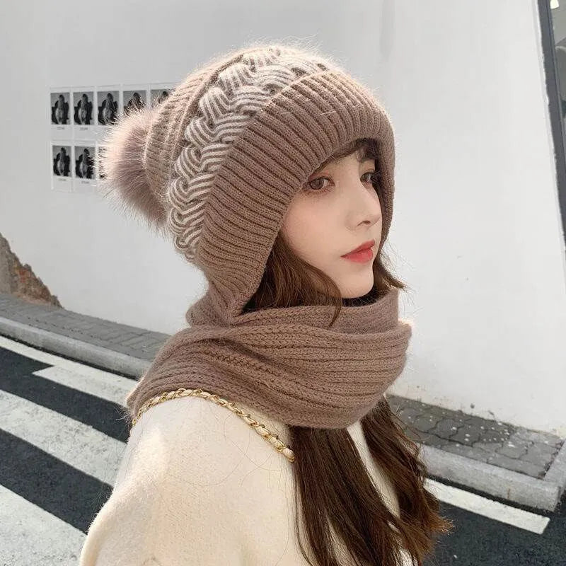 Women's Pom-Pom Beanie - Knitted Balaclava Scarf with Hood