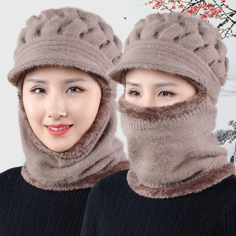 Women's Knitted Beanie - Visor & Balaclava with Scarf