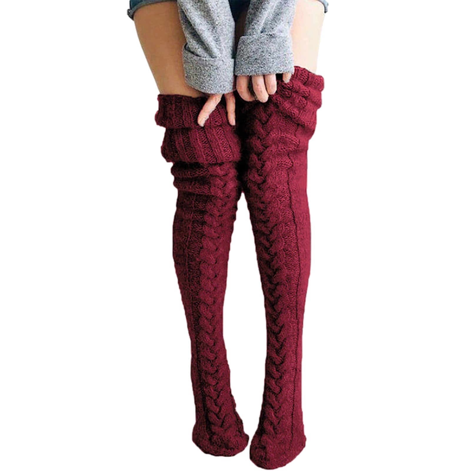 Women's Over-the-Knee Socks - Cable Knit Design with Folded Cuff