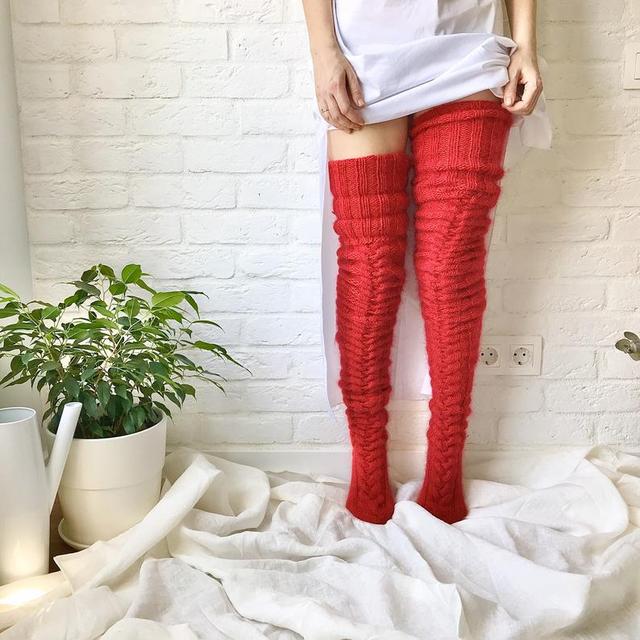 Women's Over-the-Knee Socks - Cable Knit Design with Folded Cuff