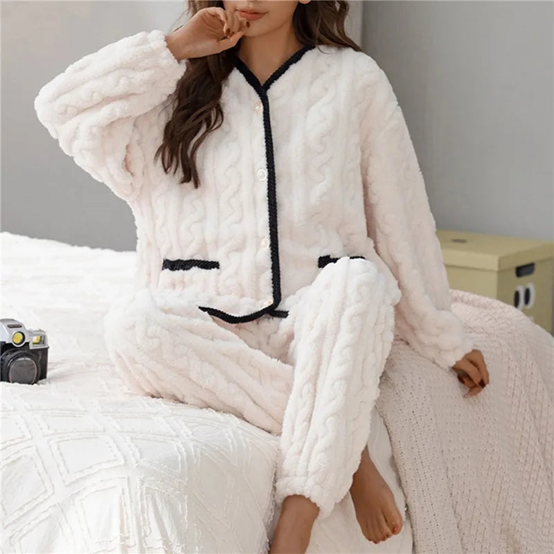 Women's White Pyjama Set - Two-Piece Cable Knit with Contrast Trim