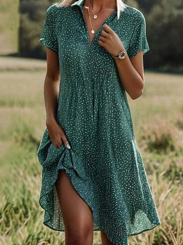 Women's Short-Sleeved Midi Shirt Dress - Versatile Button-Down