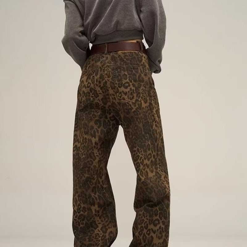 Women's Leopard Print Jeans - Belt Fashionable Leisure