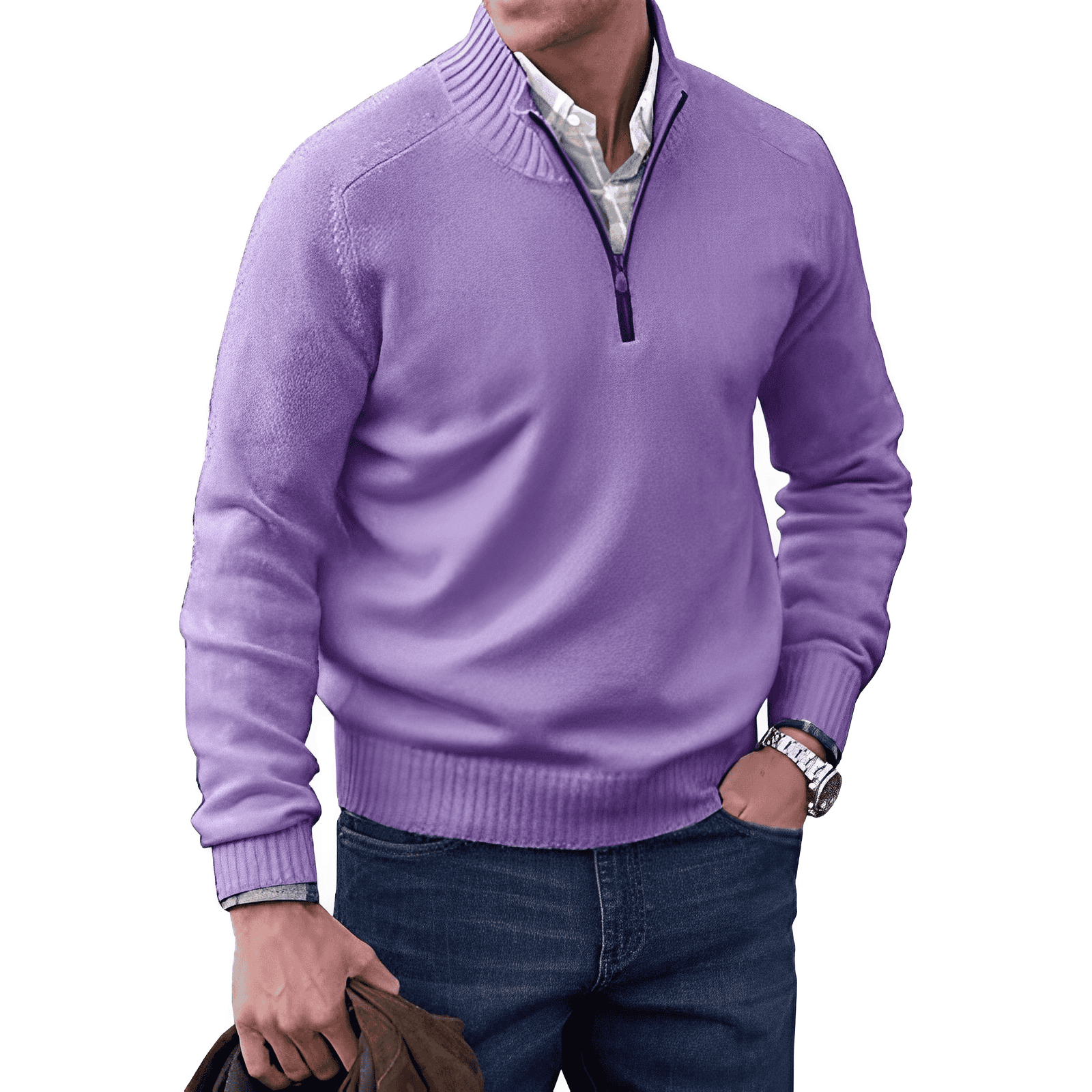Men's Jumper - Quarter-Zip with Ribbed Cuffs