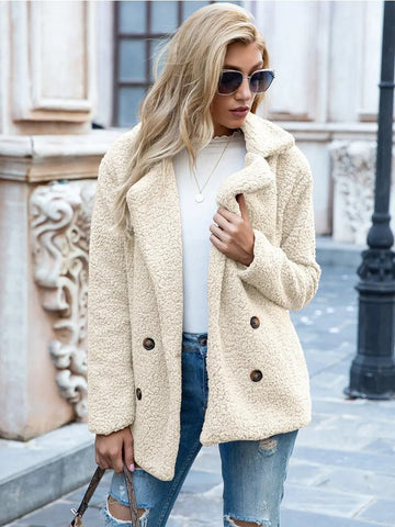 Women's Teddy Coat - Double-Breasted with Notch Lapel Collar