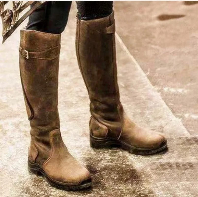 Women's Knee-High Boots - Buckle Strap and Rugged Sole