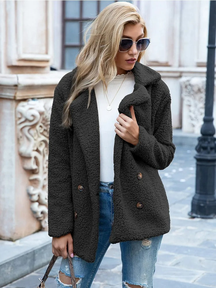 Women's Teddy Coat - Double-Breasted with Notch Lapel Collar