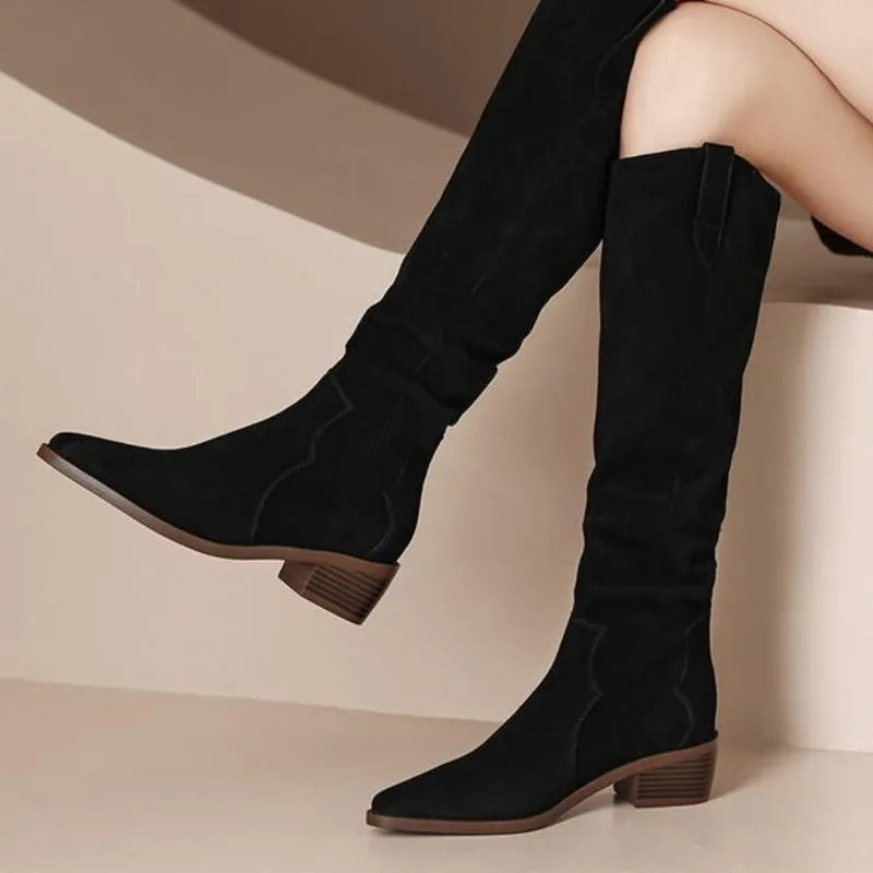 Women's Knee-High Boots - Slouch Shaft Pull-On with Low Block Heel