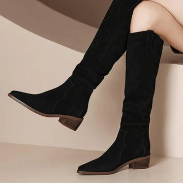 Women's Knee-High Boots - Slouch Shaft Pull-On with Low Block Heel