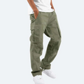 Comfortable and functional khaki green cargo trousers for men.