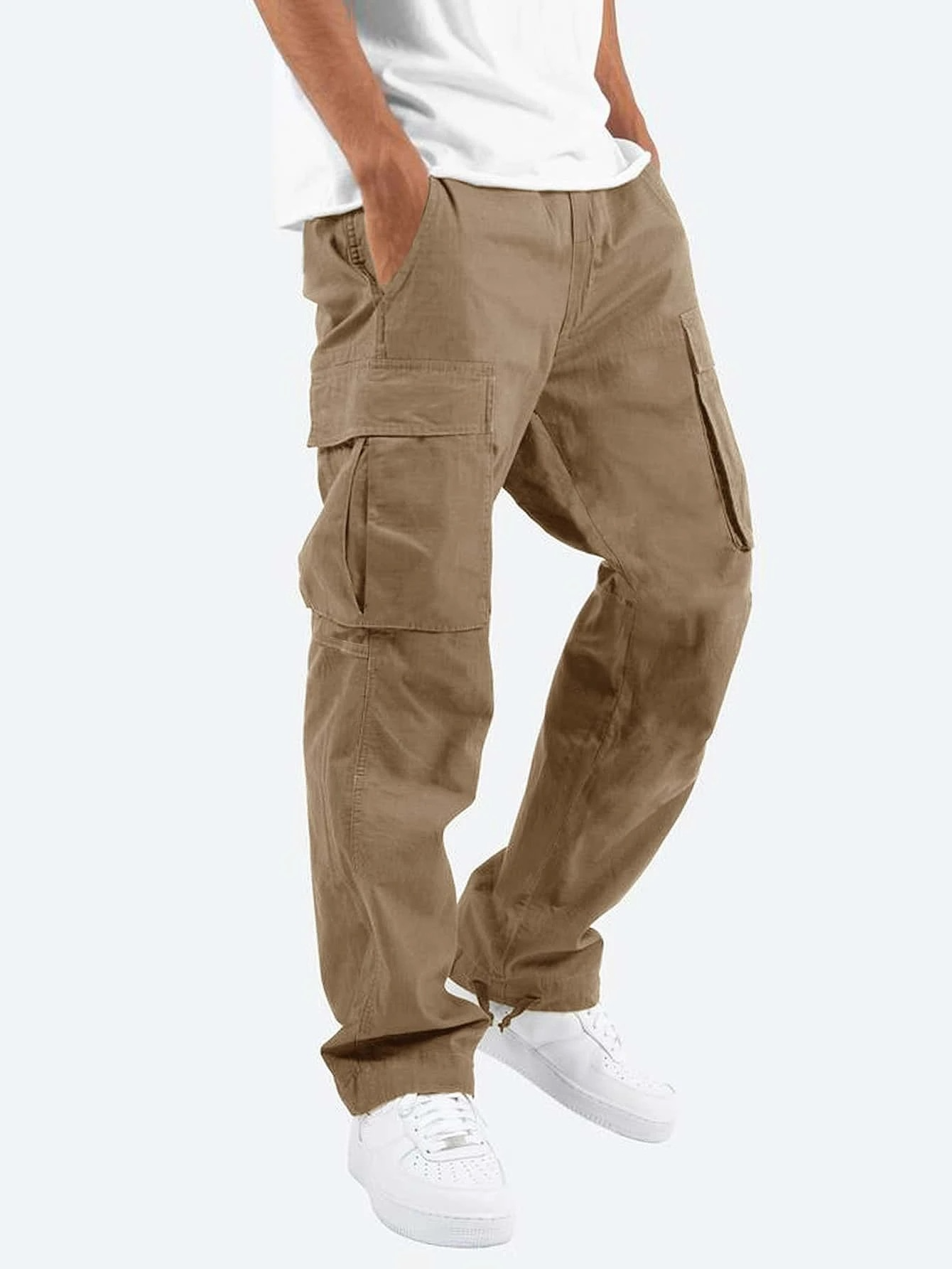 Versatile tan brown cargo trousers for men with practical pockets.