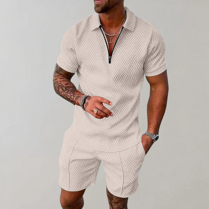 Classic black patterned polo shirt and shorts set for men