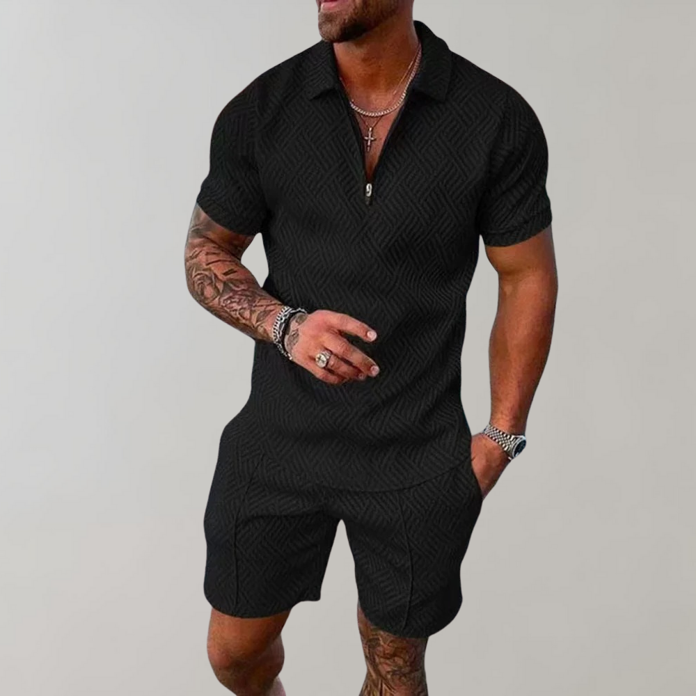 Classic black patterned polo shirt and shorts set for men