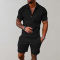 Classic black patterned polo shirt and shorts set for men
