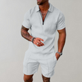 Clean white patterned polo shirt and shorts set for men