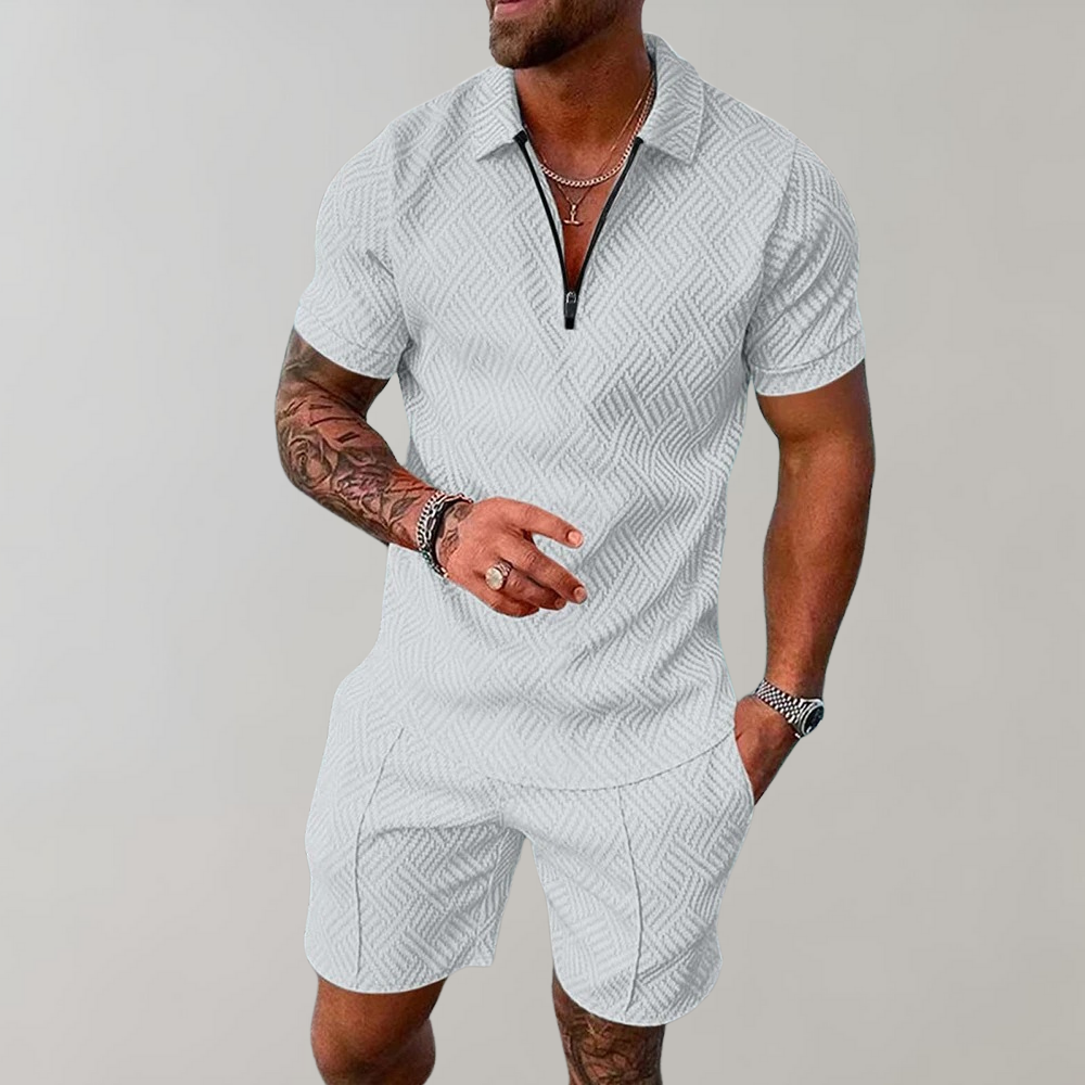 Clean white patterned polo shirt and shorts set for men