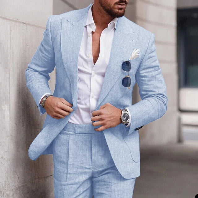 Slim fit light blue linen wedding suit for men, perfect for summer ceremonies.