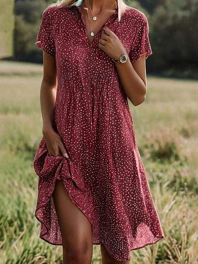 Women's Short-Sleeved Midi Shirt Dress - Versatile Button-Down
