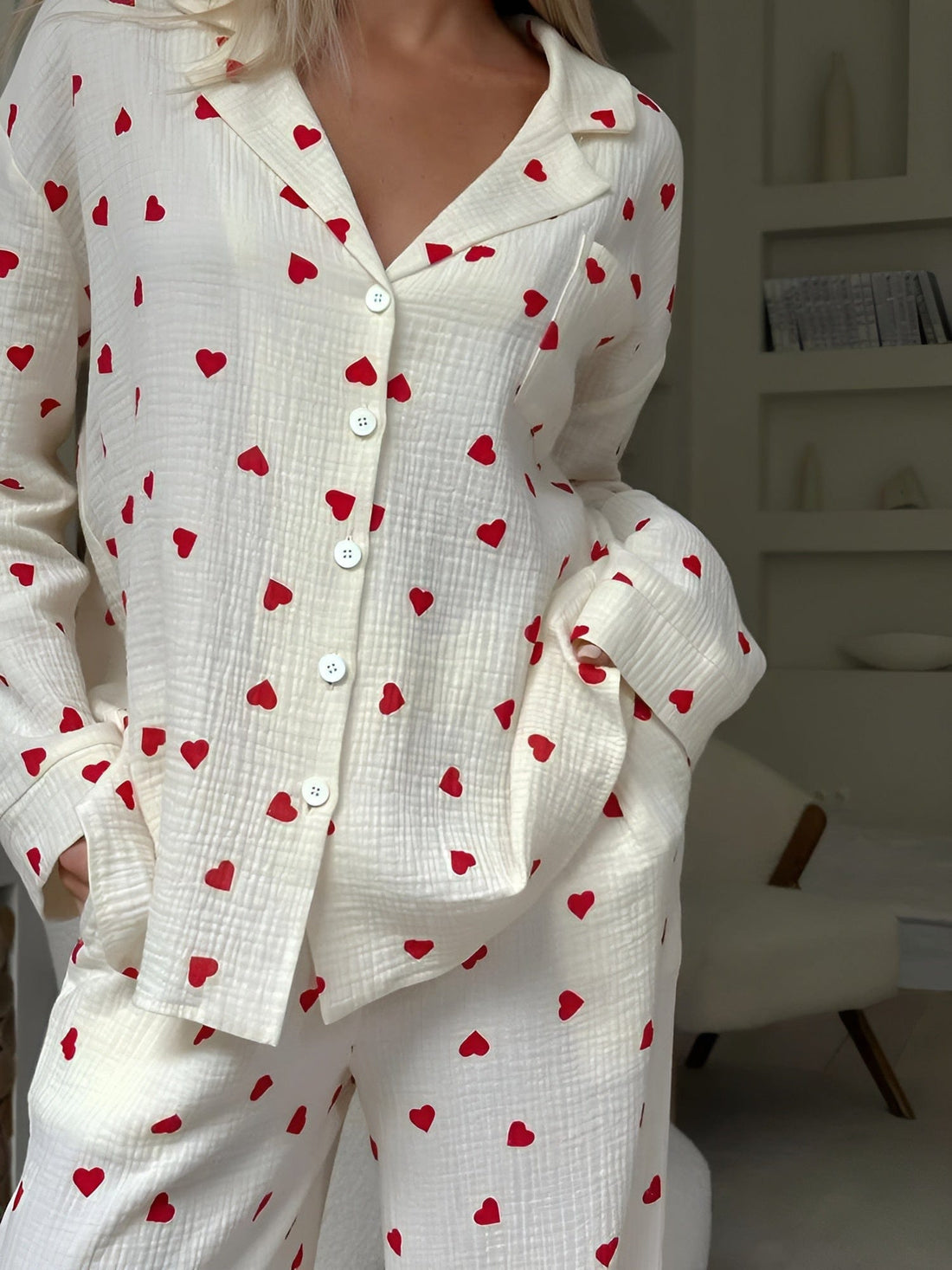 Women's White Pyjama Set - Red Heart Print