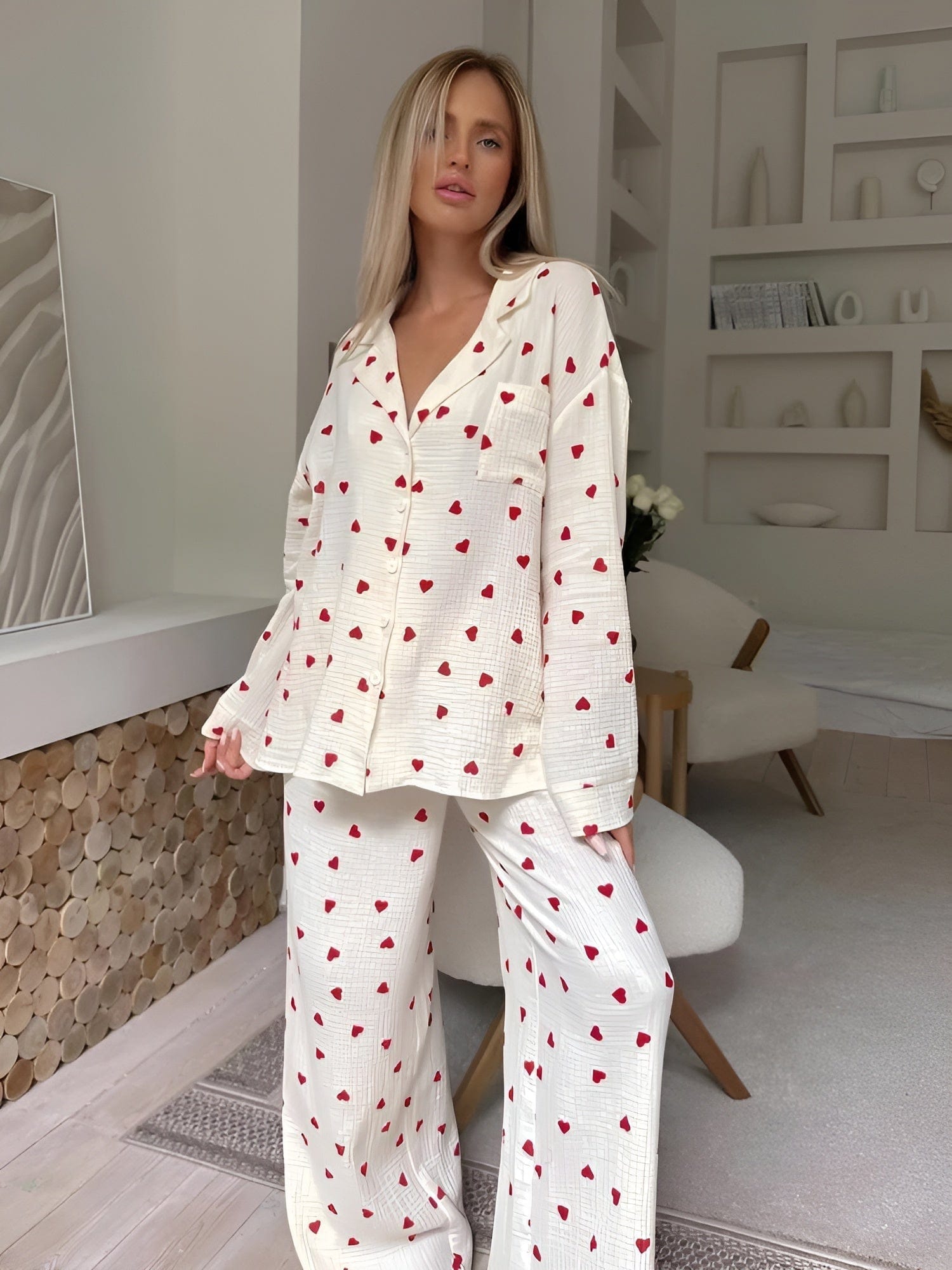 Women's White Pyjama Set - Red Heart Print