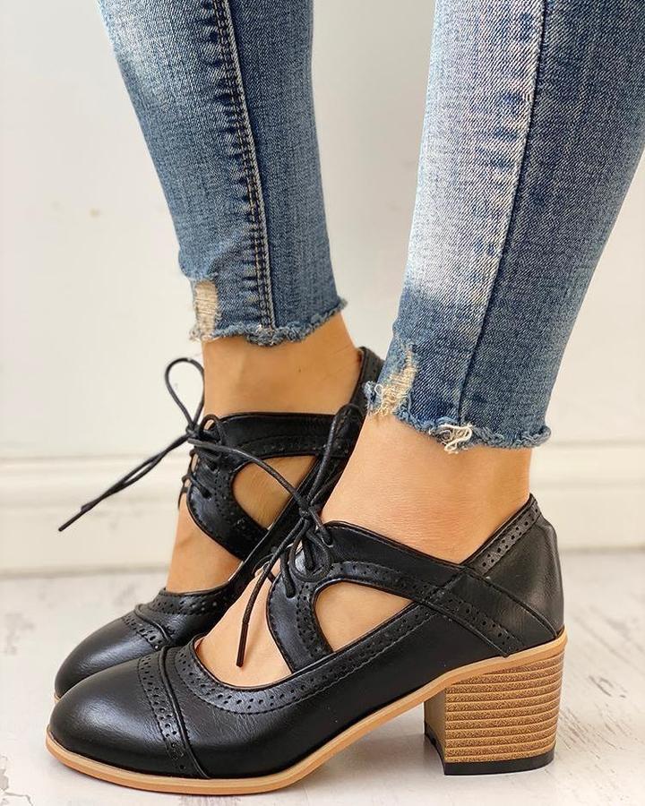 Stylish Vintage Lace-Up Cut-Out Brogue Heels for Women