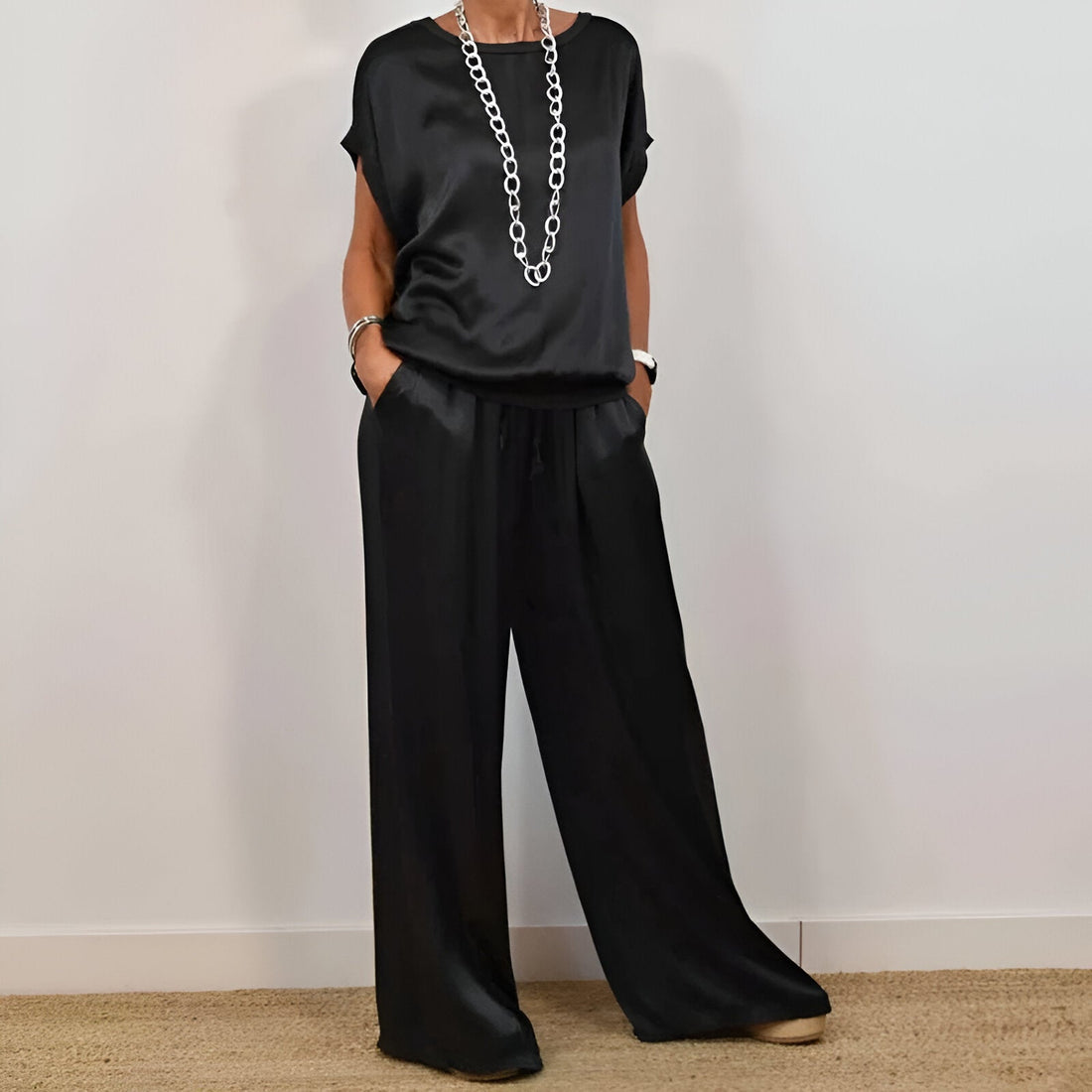 Soft Wide-Leg Trousers and Short Sleeve Top Set for Women
