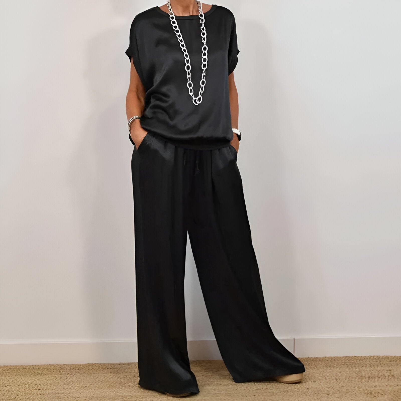 Soft Wide-Leg Trousers and Short Sleeve Top Set for Women