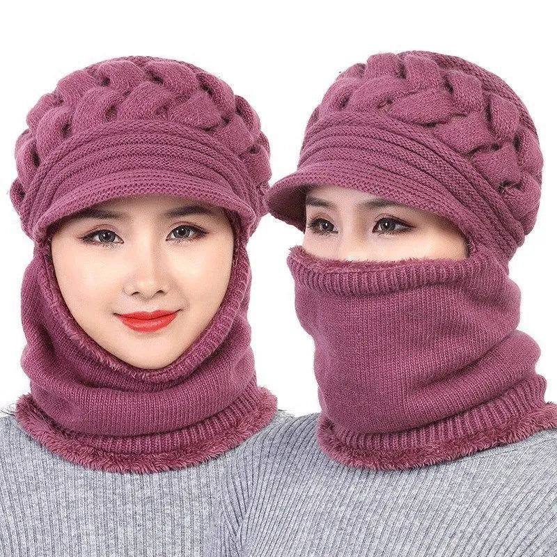 Women's Knitted Beanie - Visor & Balaclava with Scarf