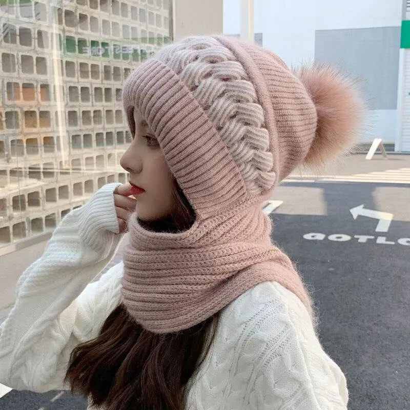 Women's Pom-Pom Beanie - Knitted Balaclava Scarf with Hood