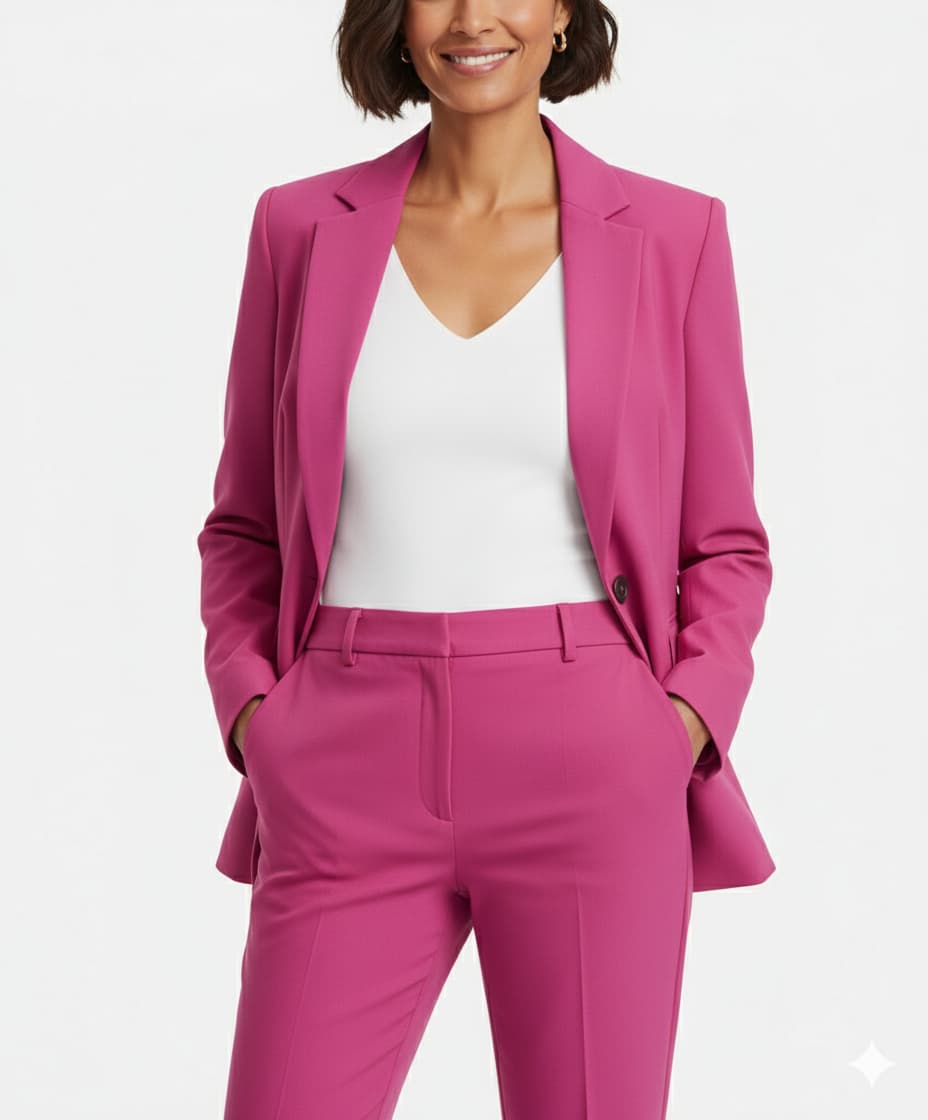 Woman wearing a bright pink suit with a white top on a light gray background